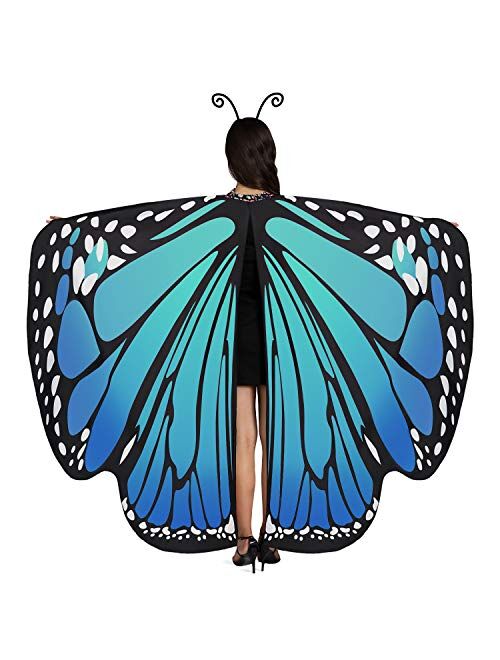 Jeicy Butterfly Wings Shawl Halloween Cloak with Antenna Headband, Fairy Ladies Cape Nymph Pixie Costume