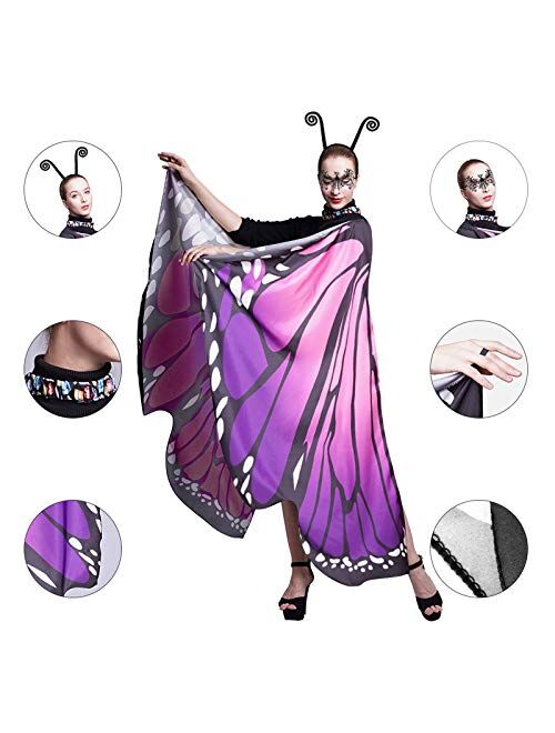 Cocequc Butterfly Wings Halloween Costumes Butterfly Shawl for Women Girls Kids Fairy Ladies Cape with lace mask and Antenna Headband