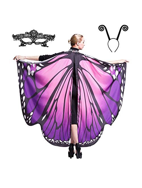 Cocequc Butterfly Wings Halloween Costumes Butterfly Shawl for Women Girls Kids Fairy Ladies Cape with lace mask and Antenna Headband