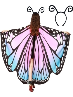 GRACIN Halloween Butterfly Wings Shawl, Soft Fabric Fairy Pixie Monarch Costume Cape with Antennas Headband