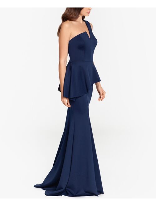 Betsy & Adam One-Shoulder Peplum Gown & Face Mask