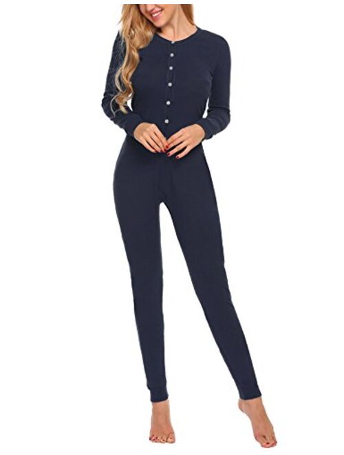 Hotouch Onesie Pajamas for Women Long Sleeve Adult Union Suit Thermal Underwear One Piece Bodysuit Sleepwear S-XXL