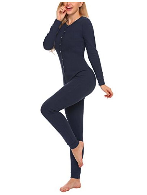 Hotouch Onesie Pajamas for Women Long Sleeve Adult Union Suit Thermal Underwear One Piece Bodysuit Sleepwear S-XXL