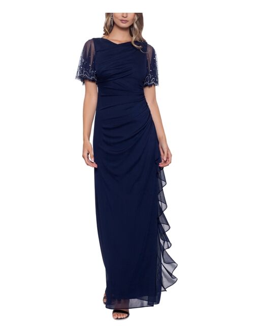 Betsy & Adam Embellished Cascade Ruffle Gown