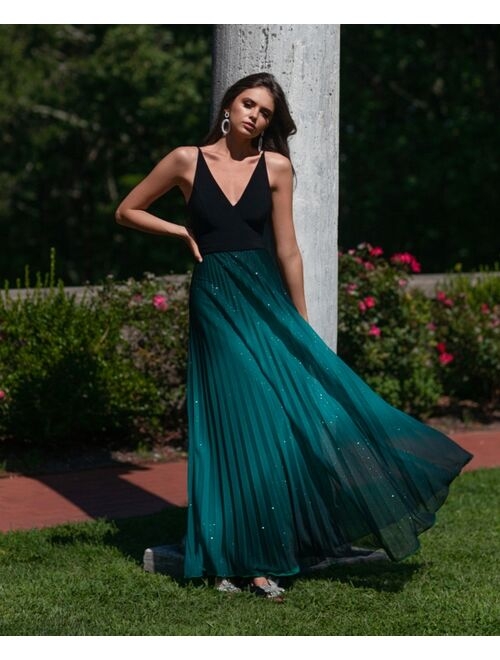 Betsy & Adam Pleated Glitter-Skirt Gown