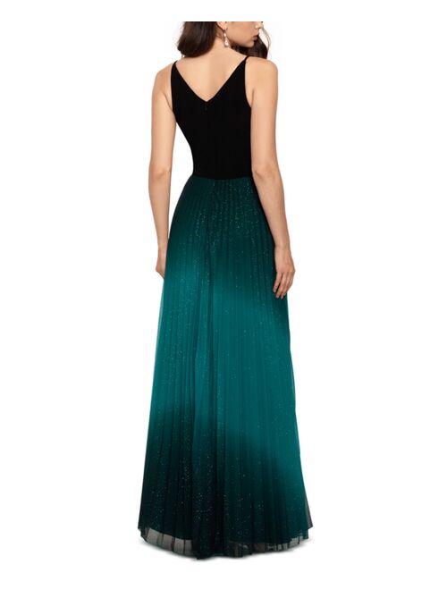 Betsy & Adam Pleated Glitter-Skirt Gown