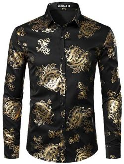 Men's Luxury Shiny Gold Rose Printed Slim Fit Button up Dress Shirts for Party Prom