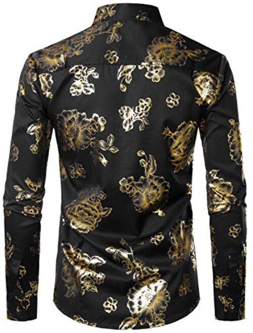 ZEROYAA Men's Luxury Shiny Gold Rose Printed Slim Fit Button up Dress Shirts for Party Prom