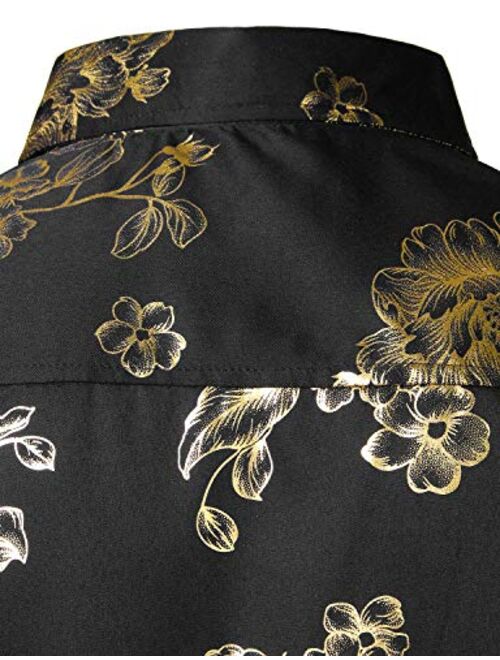 ZEROYAA Men's Luxury Shiny Gold Rose Printed Slim Fit Button up Dress Shirts for Party Prom
