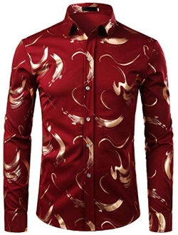 Men's Hipster Shiny Design Slim Fit Long Sleeve Button Up Party Dress Shirts
