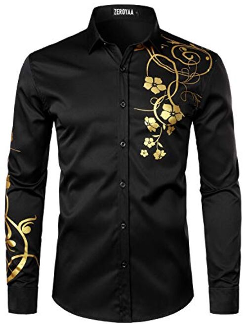 ZEROYAA Men's Hipster Shiny Design Slim Fit Long Sleeve Button Up Party Dress Shirts