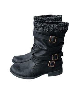 Beiner Womens Mid Calf Winter Slouchy Low Block Heel Faux Leather Riding Booties with Buckle