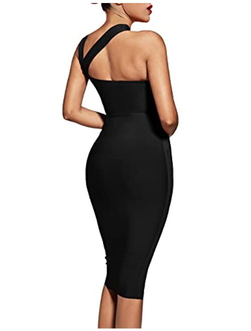 UONBOX Women's Cutout One Shoulder Bodycon Midi Dress Evening Party Club Bandage Dress