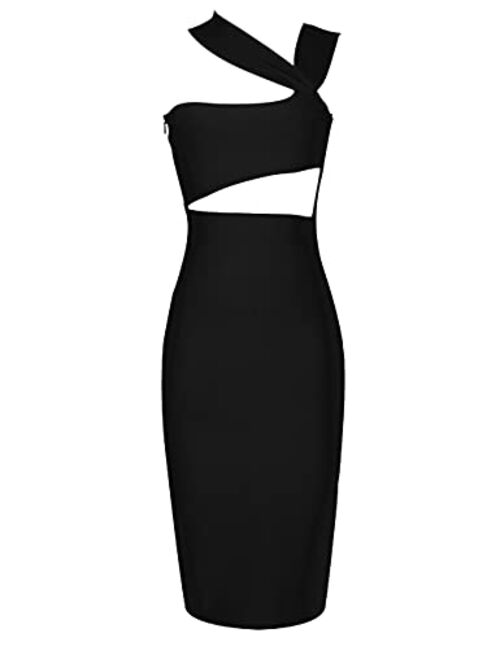 UONBOX Women's Cutout One Shoulder Bodycon Midi Dress Evening Party Club Bandage Dress