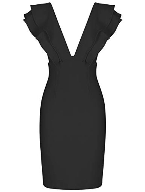 UONBOX Women's Ruffle Short Sleeve Plunge V Neck Bodycon Dress Back Split Bandage Party Club Dress