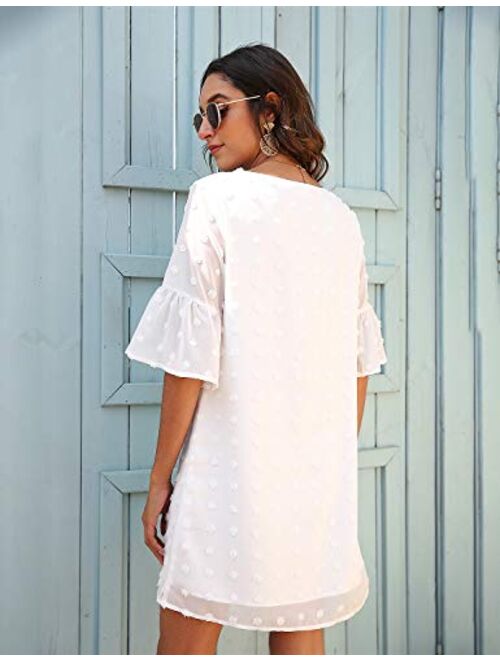 Blooming Jelly Womens White Dresses Short Sleeve V Neck Ruffle Cute Sun Dress Chiffon Flowy Shift Mini Dress