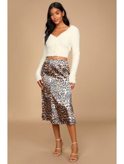 Global Icon Tan and Navy Blue Leopard Print Satin Midi Skirt