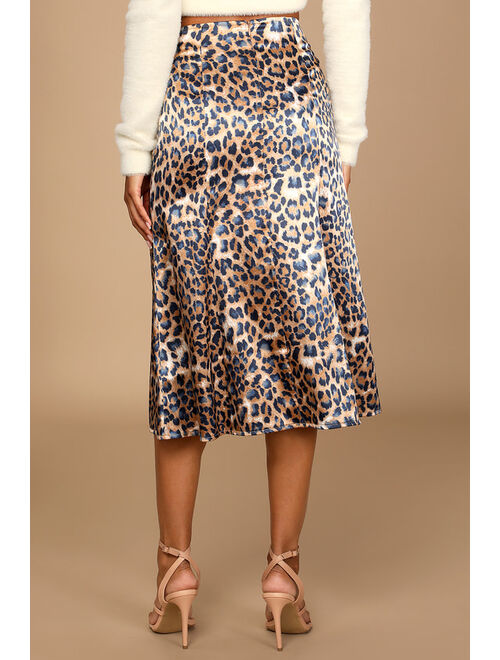 Lulus Global Icon Tan and Navy Blue Leopard Print Satin Midi Skirt