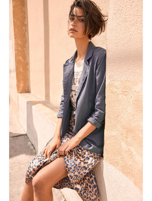 Lulus Global Icon Tan and Navy Blue Leopard Print Satin Midi Skirt
