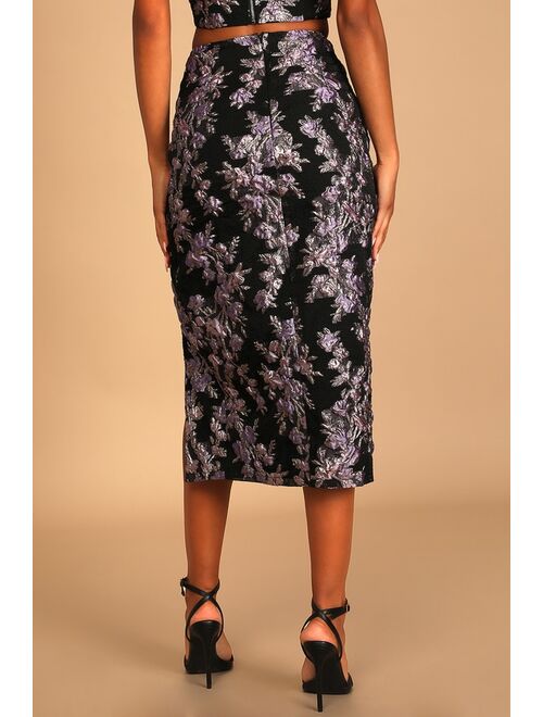 Lulus Invite List Black Floral Jacquard High-Waisted Midi Skirt