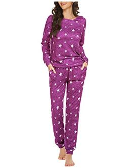 Womens Pajama Set Long Sleeve Sleepwear Star Print Nightwear Soft Pjs Lounge Sets with Pockets
