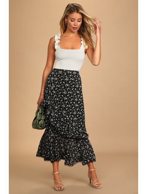 Lulus Simple Sweetness Black Floral Print Tiered Midi Skirt
