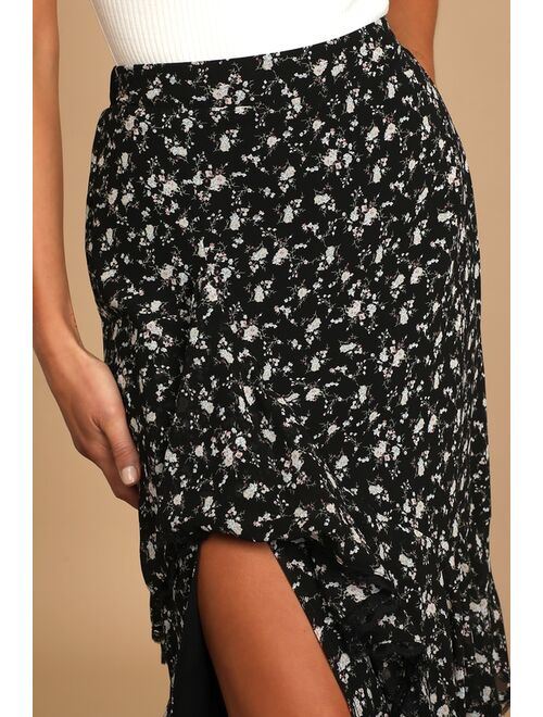 Lulus Simple Sweetness Black Floral Print Tiered Midi Skirt