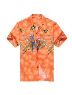 Made in Hawaii Men Hawaiian Aloha Shirt Luau Cruise Party Parrots Palm Orange