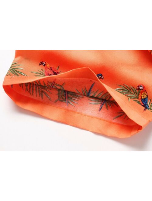 Made in Hawaii Men Hawaiian Aloha Shirt Luau Cruise Party Parrots Palm Orange