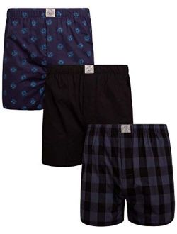 Mens Woven Cotton Elastic Waist Boxer with Functional Fly (3 Pack)