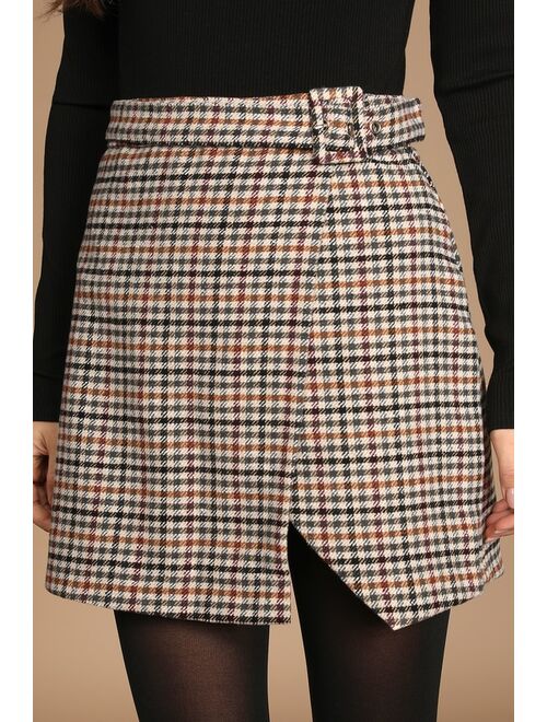 Lulus Harmless Banter Brown Multi Tweed Belted Mini Skirt