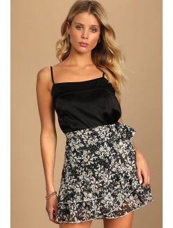 Be Blooming Black Floral Print Ruffled Faux-Wrap Mini Skirt