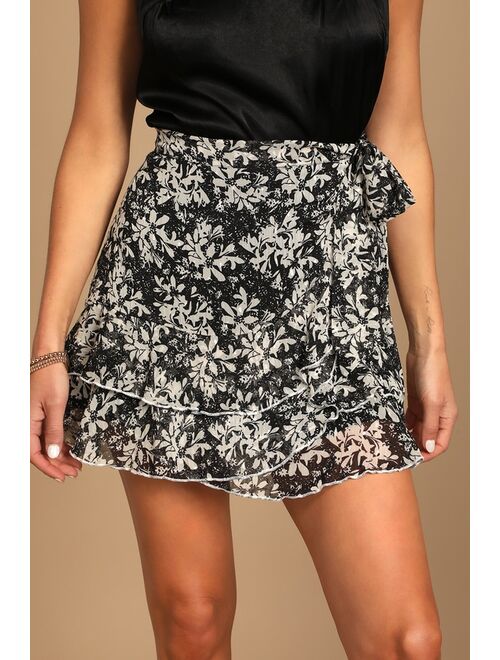 Lulus Be Blooming Black Floral Print Ruffled Faux-Wrap Mini Skirt