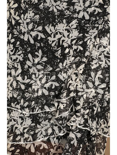 Lulus Be Blooming Black Floral Print Ruffled Faux-Wrap Mini Skirt