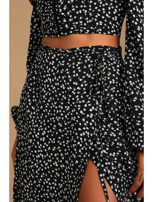 Lulus And Now You're Mine Black Floral Print Wrap Midi Skirt