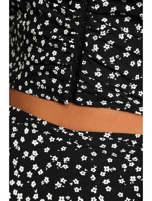 Lulus And Now You're Mine Black Floral Print Wrap Midi Skirt