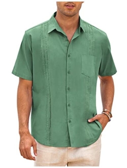 Men's Short Sleeve Linen Shirt Cuban Beach Tops Pocket Guayabera Shirts