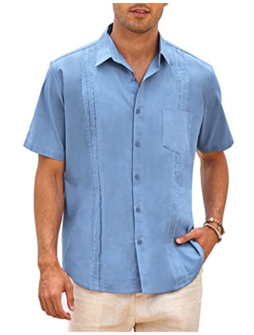 COOFANDY Men's Short Sleeve Linen Shirt Cuban Beach Tops Pocket Guayabera Shirts