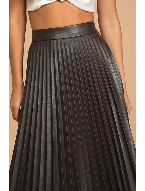 Lulus Go Time Dark Brown Vegan Leather Plisse Pleated Midi Skirt
