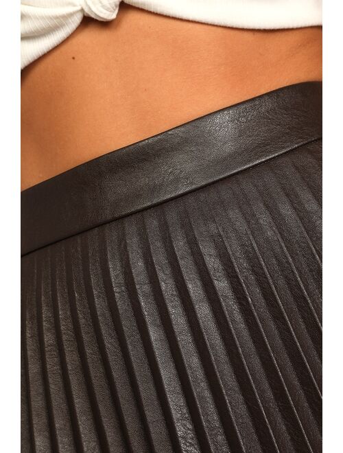 Lulus Go Time Dark Brown Vegan Leather Plisse Pleated Midi Skirt