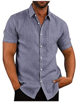 Men's Casual Linen Button Down Shirt Business Chambray Dress Shirt