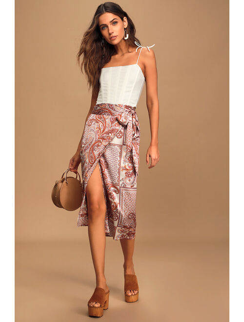 Lulus Take A Walk With Me Ivory Paisley Print Satin Wrap Midi Skirt