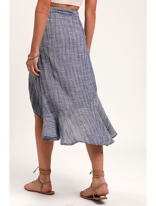 Lulus By the Bay Washed Blue and White Striped Ruffled Midi Skirt