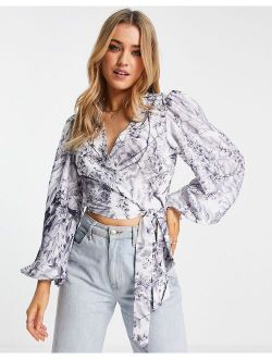 In The Style x Lorna Luxe exaggerated balloon sleeve wrap front blouse in mono print