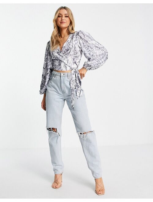 In The Style x Lorna Luxe exaggerated balloon sleeve wrap front blouse in mono print