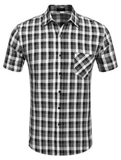 Men's Plaid Short Sleeve Shirts Casual Button-Down Cotton Classic Dress Checked Shirts with Pocket