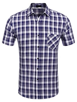 Men's Plaid Short Sleeve Shirts Casual Button-Down Cotton Classic Dress Checked Shirts with Pocket