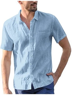 Men's Regular Fit Short Sleeve Cotton Linen Shirt Casual Button Down Beach Shirt