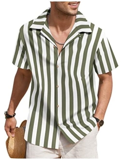 Men's Hawaiian Floral Shirts Cotton Linen Button Down Tropical Holiday Beach Shirts