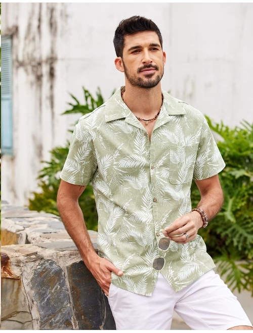 COOFANDY Men's Hawaiian Floral Shirts Cotton Linen Button Down Tropical Holiday Beach Shirts